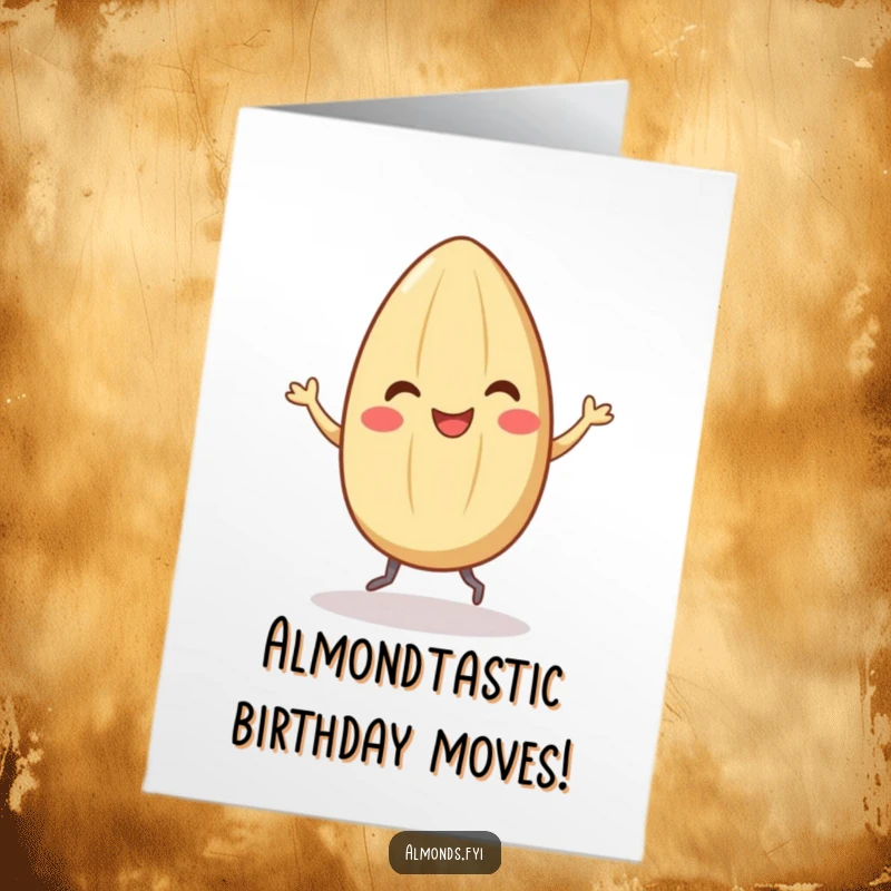 Funny Free Printable Birthday Card: Smiling almond character doing a happy dance with tiny legs, celebrating.
