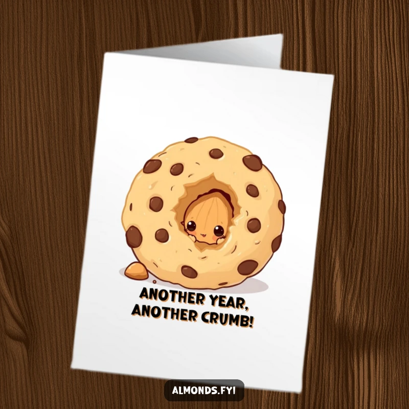 Funny Free Printable Birthday Card: Curious almond peeks from a huge cookie crumb, a playful birthday surprise.