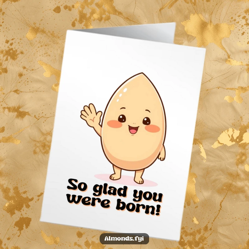 Funny Free Printable Birthday Card: A chubby, blushing almond character giving a sweet and friendly wave.