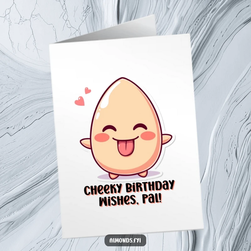 Funny free printable birthday card featuring a cute almond character sticking its tongue out with a cheeky, mischievous grin.
