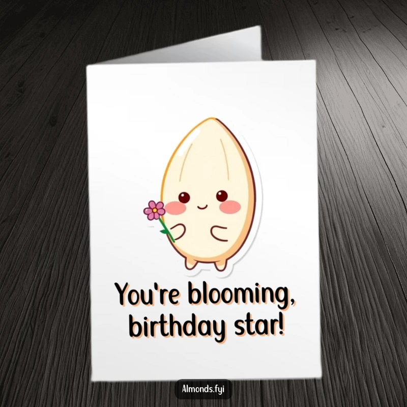 Funny Free Printable Birthday Card: Happy almond with rosy cheeks holds a tiny flower, a sweet greeting.