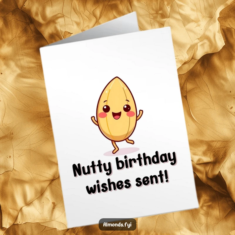Funny Free Printable Birthday Card: Happy almond character doing a jig, shell wiggling with delight, a cute and funny celebration.
