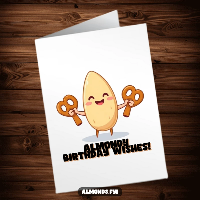 Funny Free Printable Birthday Card: Smiling almond character joyfully juggling giant pretzel sticks, perfect for a humorous celebration.