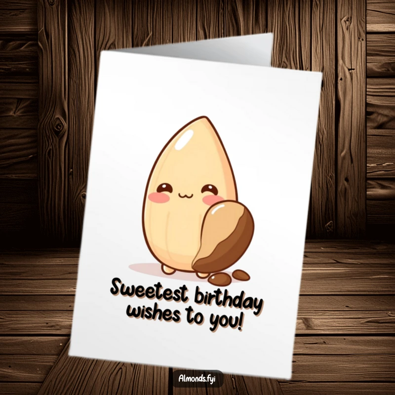 Funny Free Printable Birthday Card: A blushing almond character shyly hides behind a giant chocolate chip, conveying sweet birthday wishes.