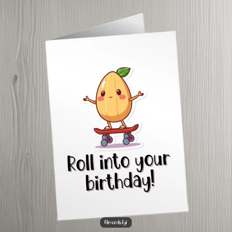 Funny free printable birthday card showing a whimsical almond character expertly balancing on a tiny skateboard.
