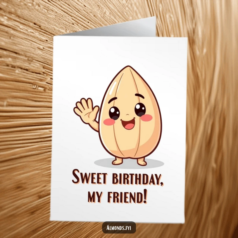 Funny Free Printable Birthday Card: A delighted almond character giving a big, enthusiastic wave, a cheerful downloadable greeting.