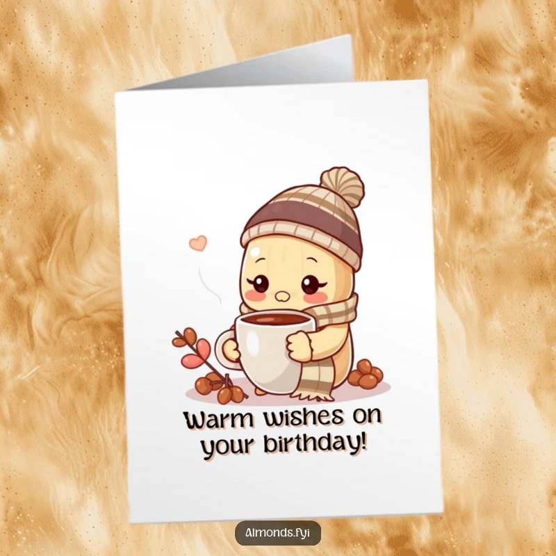 Funny Free Printable Birthday Card: Almond in scarf and hat sipping coffee, a cozy and humorous birthday greeting.