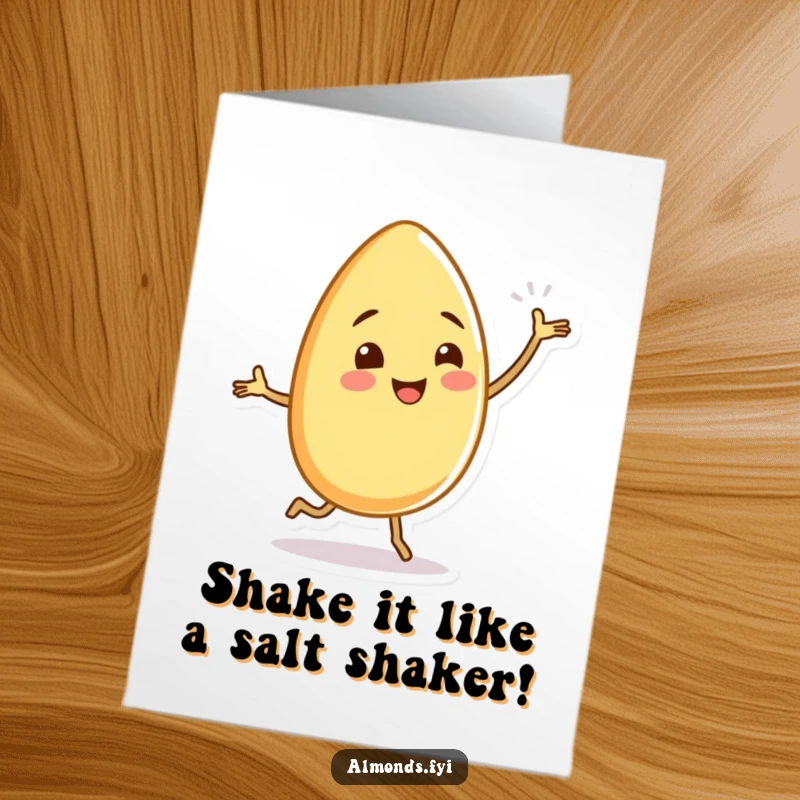 Funny Free Printable Birthday Card: A cheerful almond doing a silly dance with tiny, wiggling legs, spreading joy.