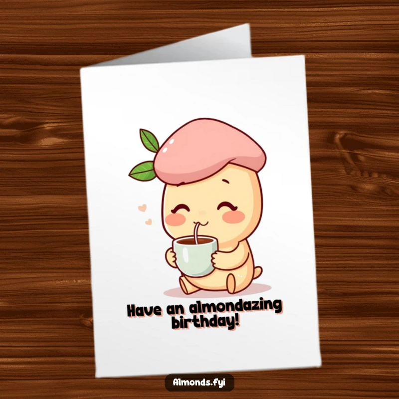 Funny Free Printable Birthday Card: Happy almond character wearing a tiny beret, sipping coffee, looking sophisticated.