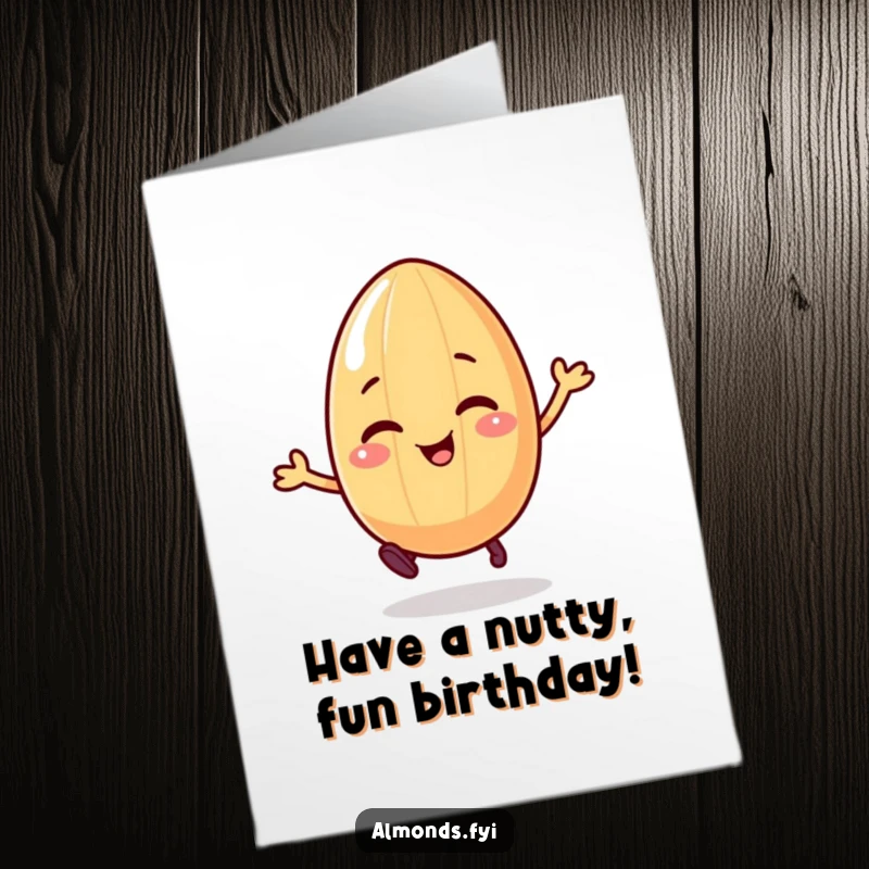 Funny Free Printable Birthday Card: Giggling almond character with little legs joyfully bouncing up and down.