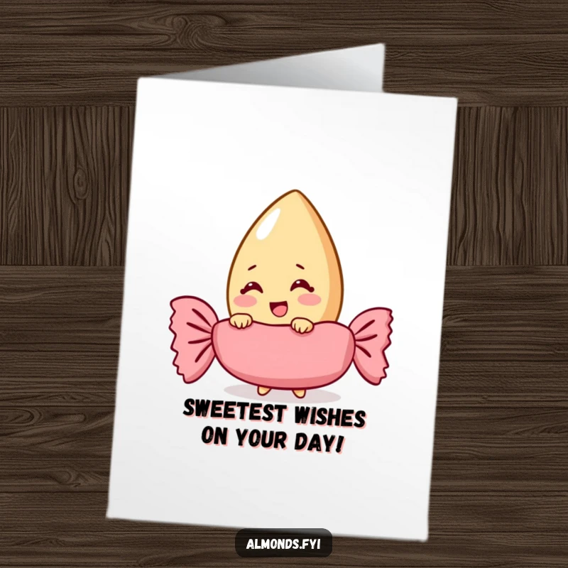 Funny Free Printable Birthday Card: A giggling almond character peeking from behind a giant candy wrapper, sharing a sweet secret.