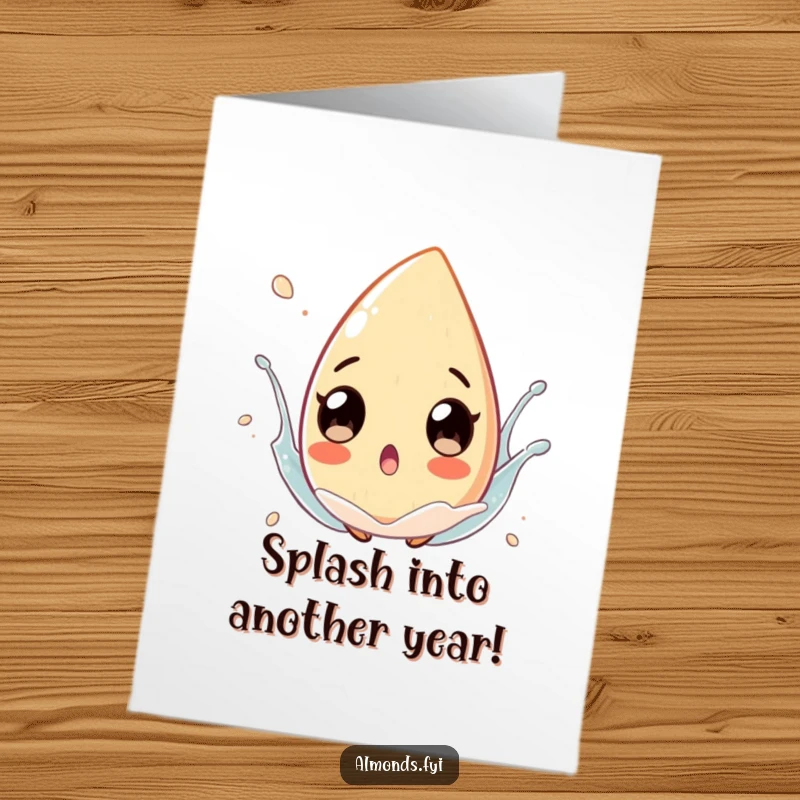 Funny Free Printable Birthday Card: A surprised almond with big eyes floating in a playful splash, capturing shock and delight.