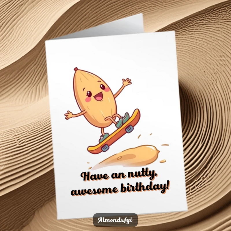 Funny Free Printable Birthday Card: Happy almond with tiny legs skateboards downhill on a giant cashew, birthday adventure.