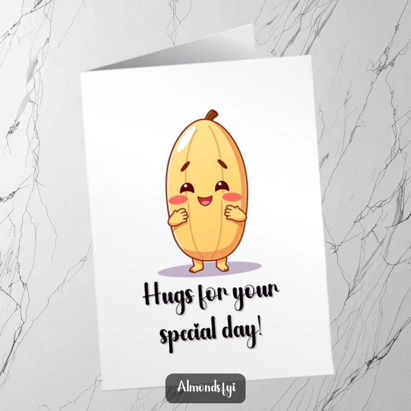 Funny Free Printable Birthday Card: Cheerful almond character giving a warm, friendly hug, full of warmth and affection.