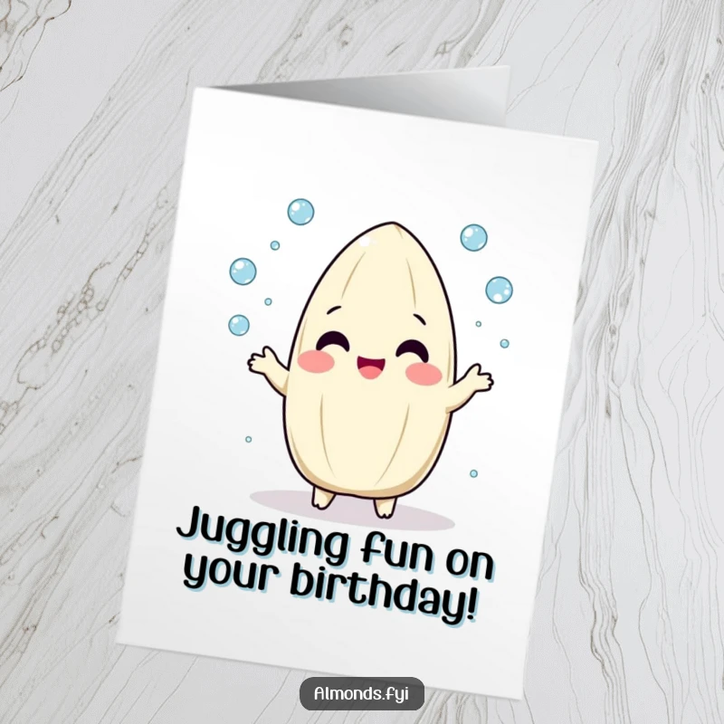 Funny Free Printable Birthday Card: Playful almond character juggling tiny dew drops with glee.