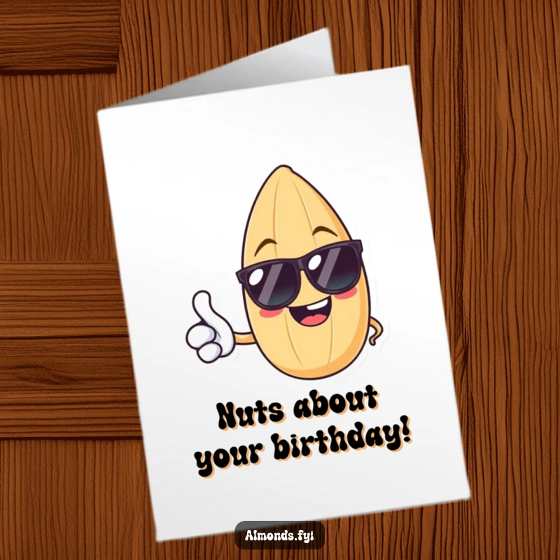 Funny Free Printable Birthday Card featuring a cool almond in sunglasses giving a friendly thumbs up.