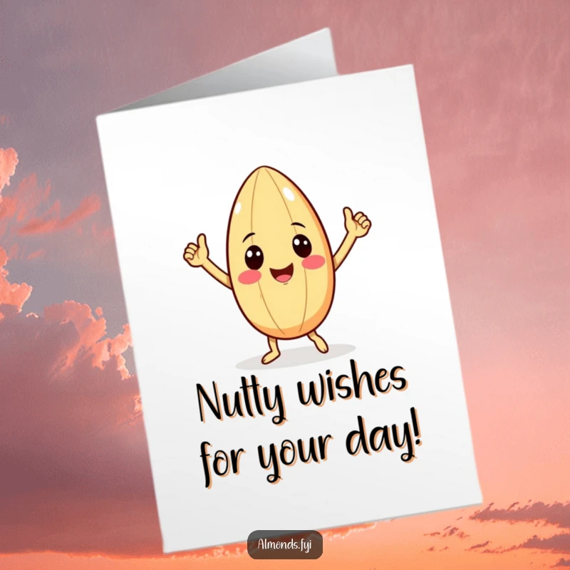 Funny Free Printable Birthday Card: Smiling almond character with tiny arms doing a cheerful victory dance, ready to celebrate.