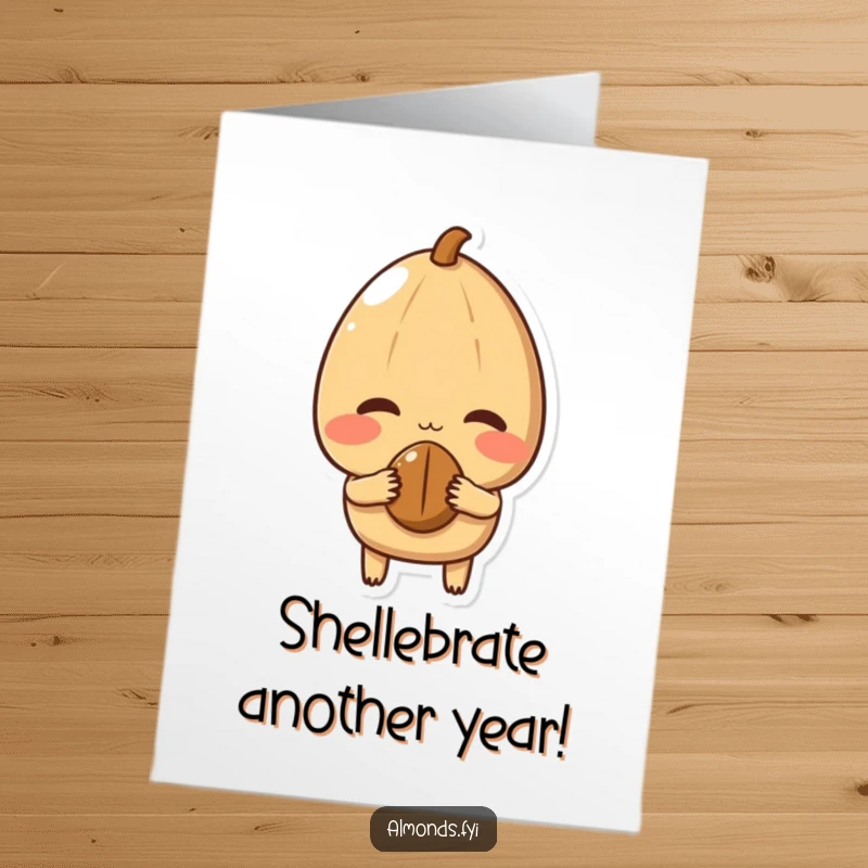 Funny Free Printable Birthday Card featuring a shy almond character blushing deeply as it offers a small nut, full of sweet charm.