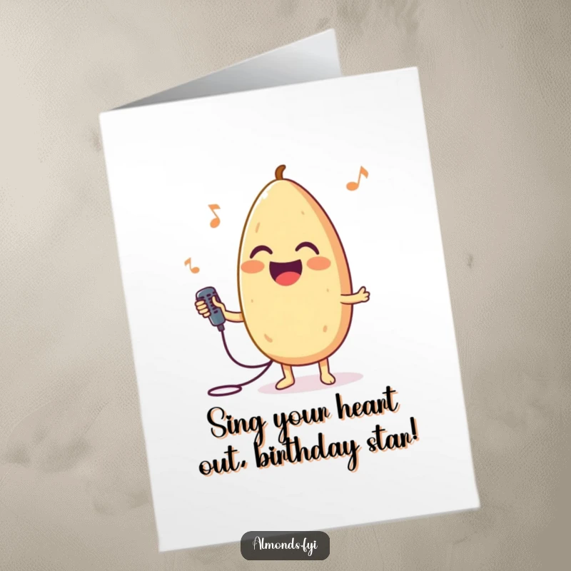 Funny free printable birthday card featuring a joyful almond character enthusiastically singing into a tiny microphone.