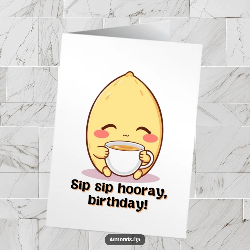Funny Free Printable Birthday Card: Content almond character with closed eyes, peacefully sipping tea, radiating calm.