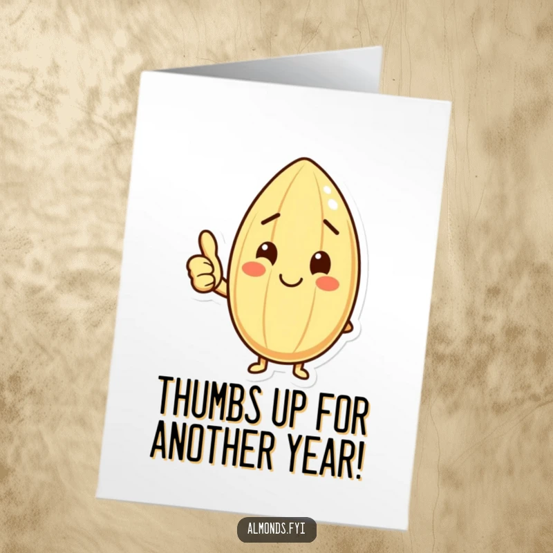 Funny Free Printable Birthday Card: Happy almond character smiling and giving a thumbs up, a simple, printable gesture of cheer.