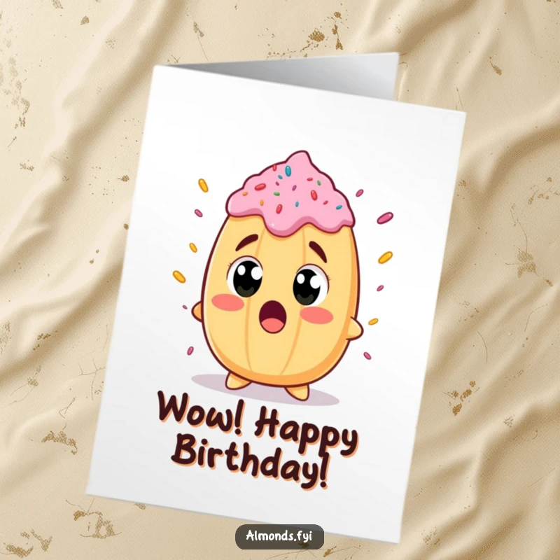 Funny Free Printable Birthday Card: Almond character with wide eyes, surprised by a giant sprinkle, perfect for birthday shock.