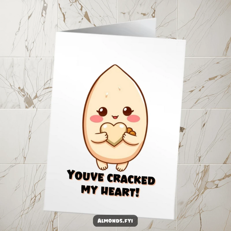 Funny Free Printable Birthday Card: A blushing almond character tenderly holds a small heart-shaped nut, showing affection, perfect downloadable gift.