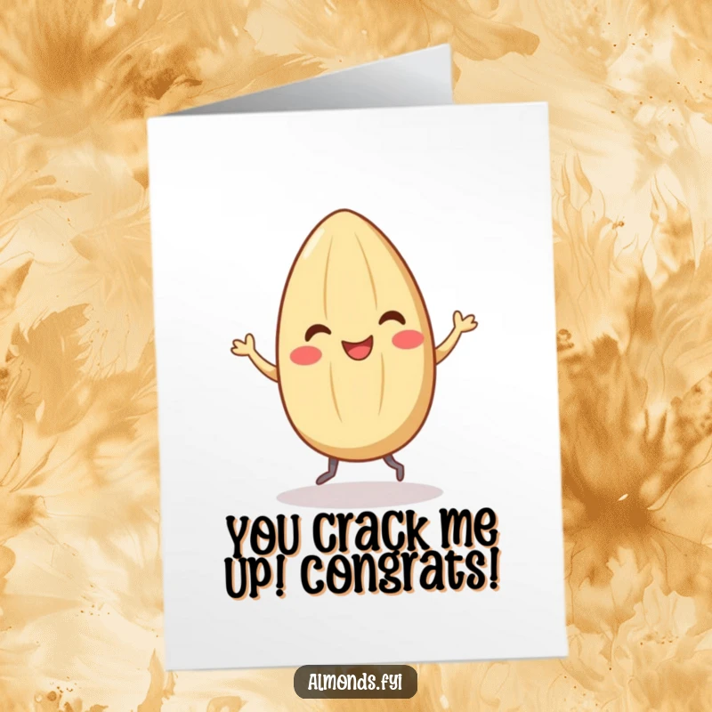 Funny Free Printable Congrats Card: Smiling almond character dancing joyfully with tiny legs, celebrating.