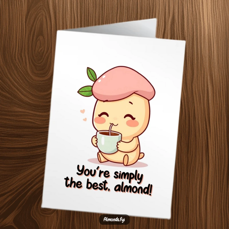 Funny Free Printable Congratulations Card: Happy almond character in a beret, holding a coffee cup, cheering congrats.