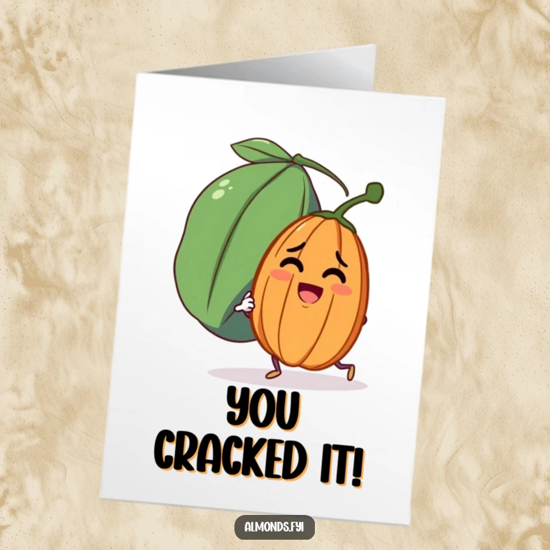 Funny Free Printable Congrats Card: Amused almond pushes a massive, friendly raisin with all its might.