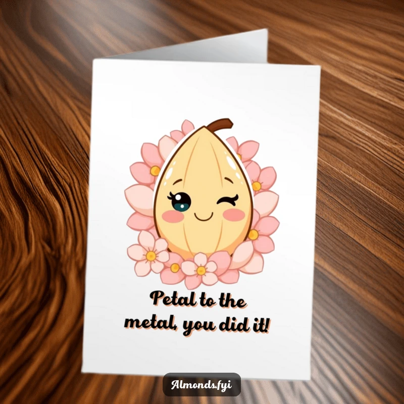 Funny Free Printable Congratulations Card: A smiling almond character adorned with petals, a lovely downloadable gift for congratulations.