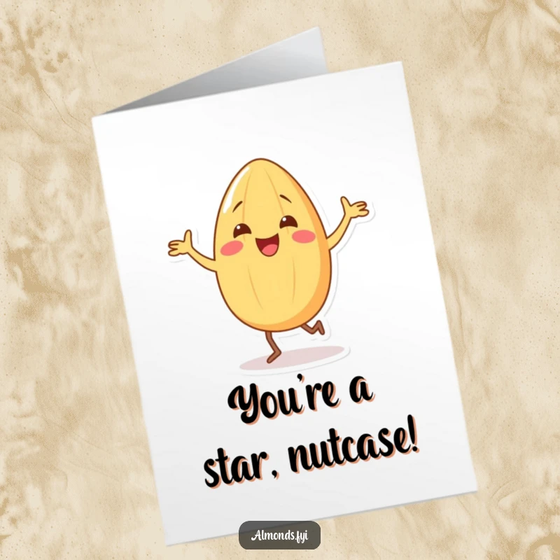 Funny Free Printable Congratulations Card: An almond doing a silly dance with tiny legs, celebrating achievements with infectious energy.