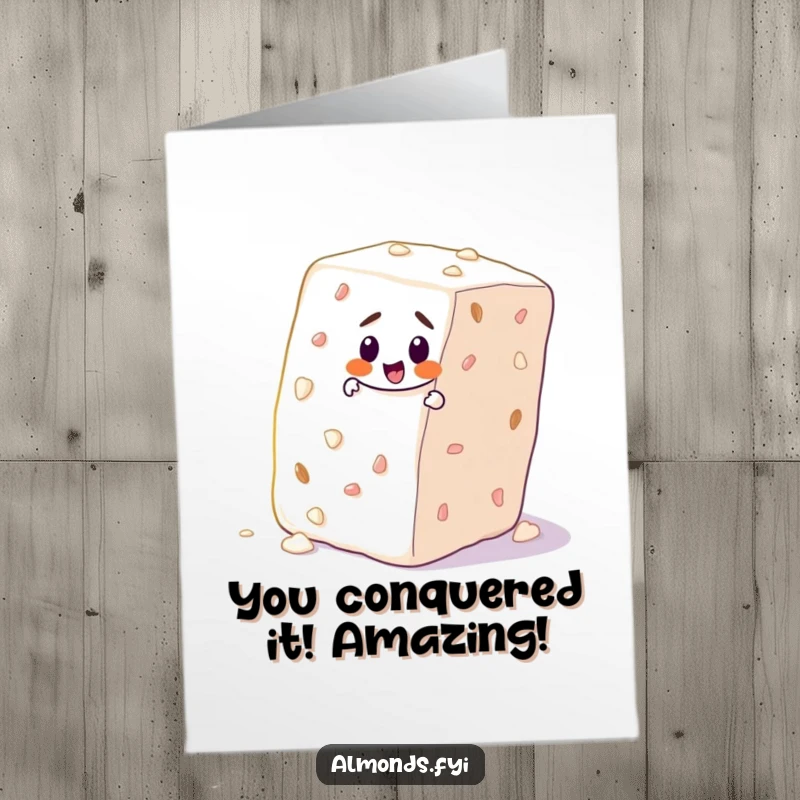 Funny Free Printable Congrats Card: Determined almond character climbing a large sugar cube, symbolizing overcoming challenges with printable humor.