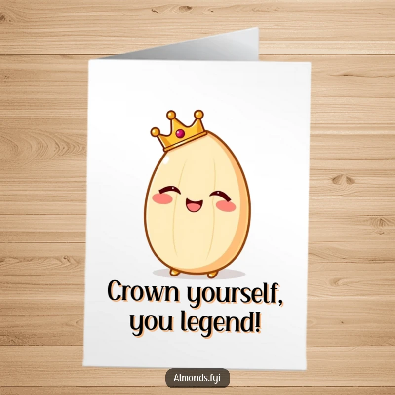 Funny free printable congratulations card showing a giggling almond in a tiny crown, exuding regal joy and celebration.