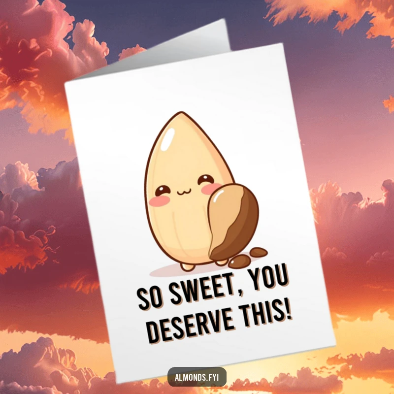 Free Printable Congratulations Card: A blushing almond character peeks out from behind a large chocolate chip, offering shy congratulations.