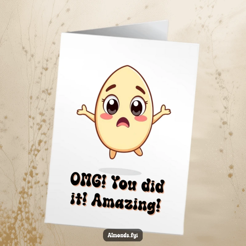 Funny Free Printable Congratulations Card: Surprised almond character with wide eyes doing a silly jump, celebrating unexpected news.