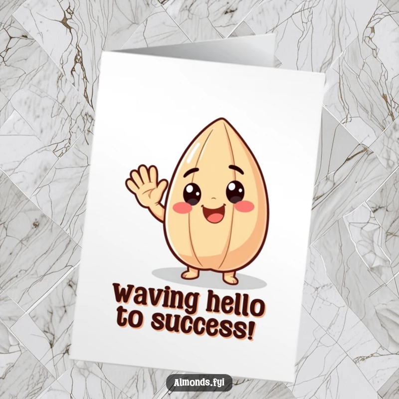 Funny Free Printable Congratulations Card: A delighted almond character enthusiastically waving hello, a happy downloadable message.