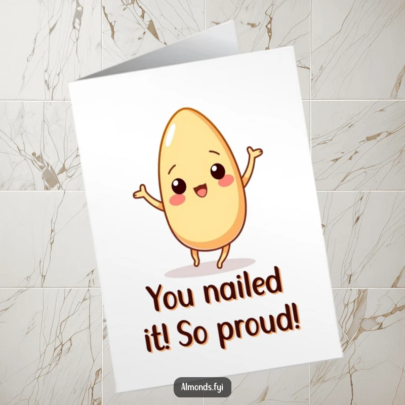 Funny Free Printable Congrats Card: Wiggling almond character dancing enthusiastically, celebrating success with printable humor.