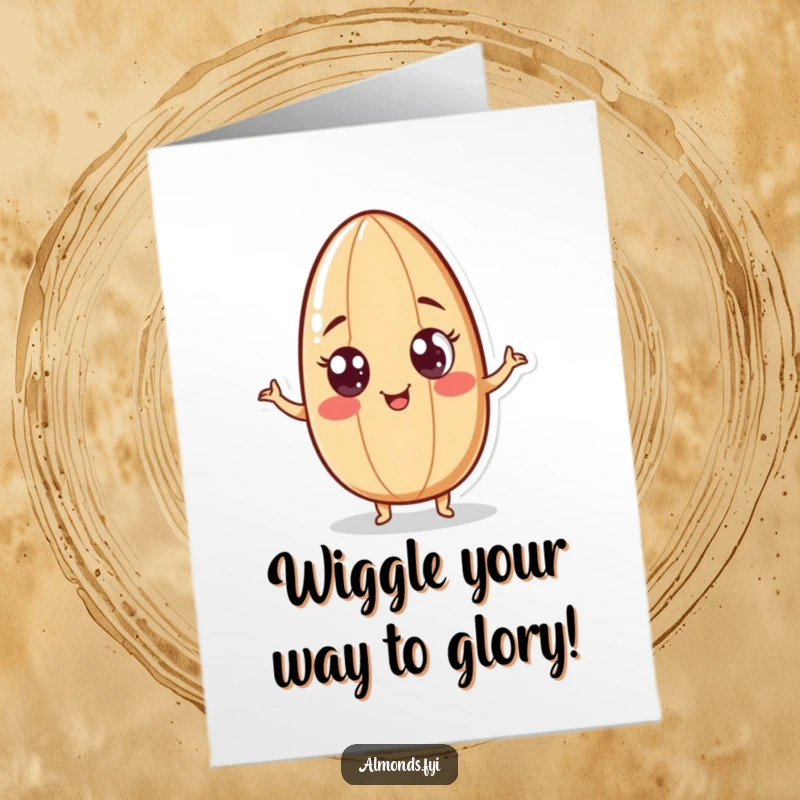 Funny Free Printable Congratulations Card: Playful almond character with googly eyes doing a funny wiggle, celebrating success energetically.