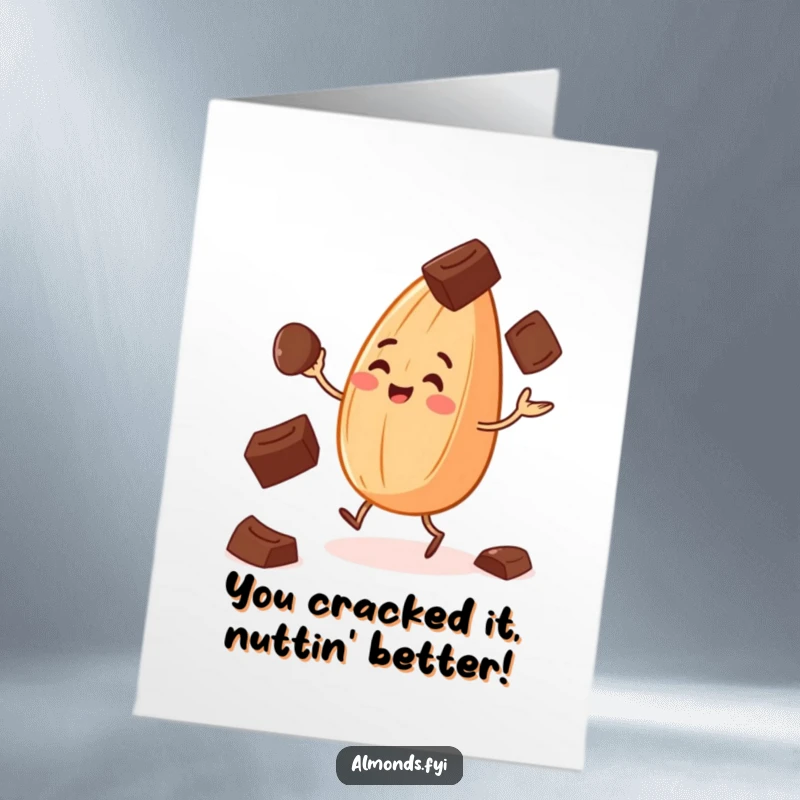 Funny Free Printable Congrats Card: A cheerful almond juggles chocolate chips, celebrating a sweet victory.