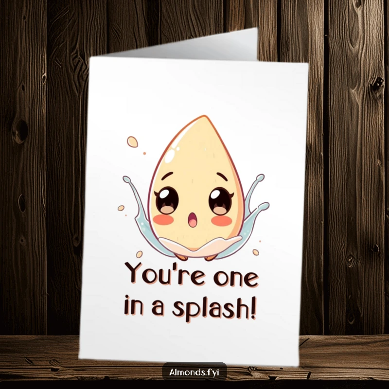 Funny Free Printable Congratulations Card: Surprised almond character with exaggerated eyes in a playful splash, celebrating victory.