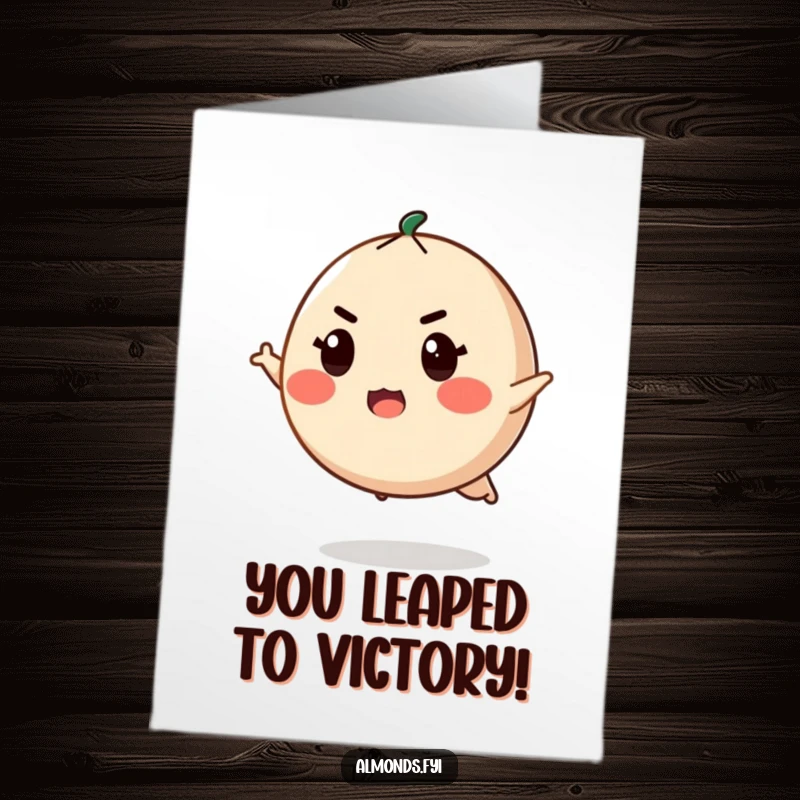 Funny Free Printable Congrats Card: Round almond character with determined expression about to leap.
