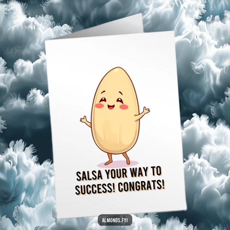 Funny Free Printable Congratulations Card: a smiling almond character salsa dances, celebrating success with a spicy move.