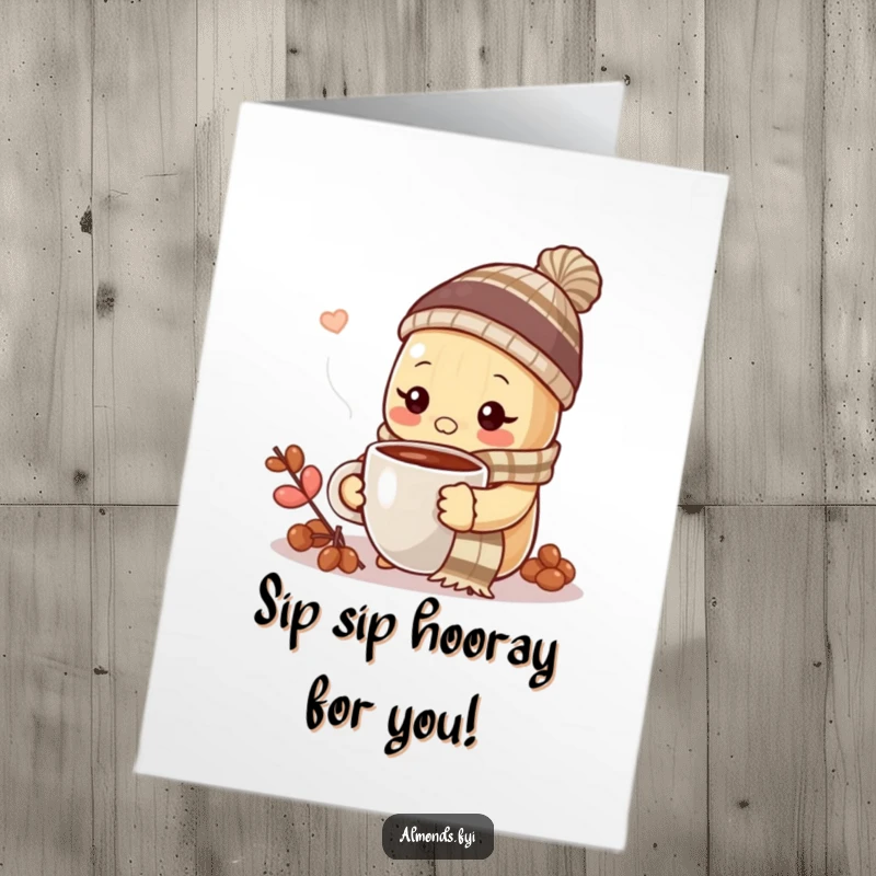 Funny Free Printable Congratulations Card: Almond in scarf and hat enjoying coffee, celebrating a relaxing moment.