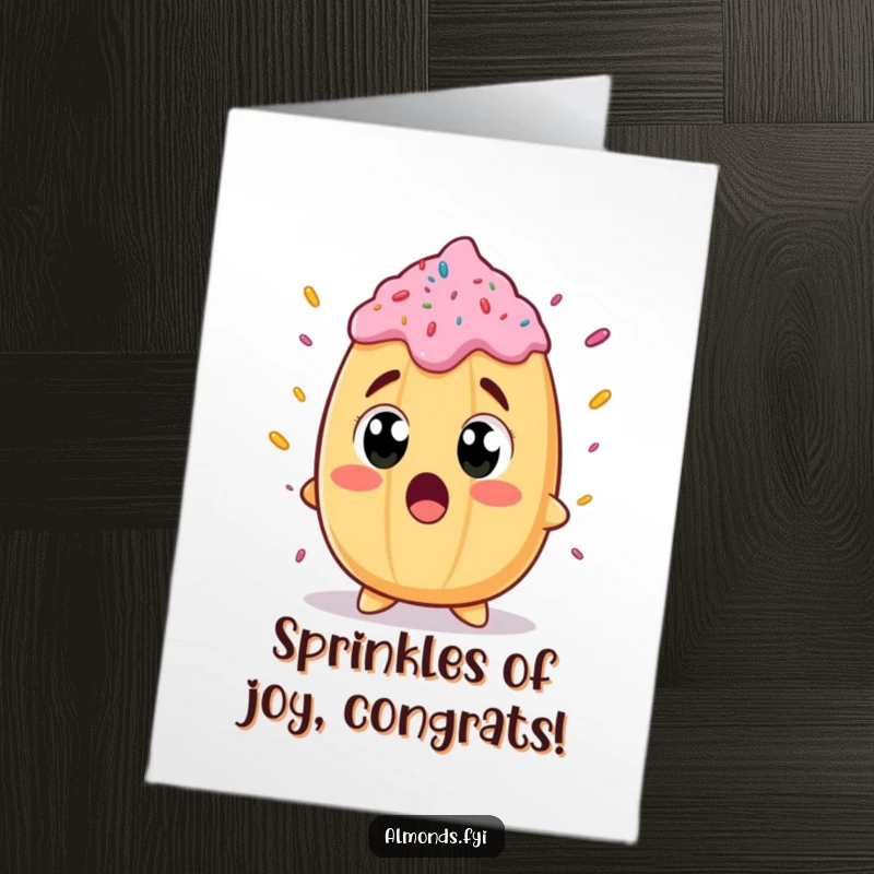Funny Free Printable Congratulations Card: An almond with wide, surprised eyes staring at an impressively large sprinkle, celebrating joyfully.