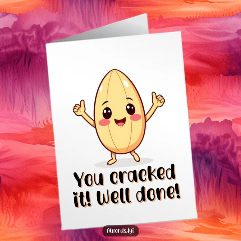 Funny Free Printable Congratulations Card: Smiling almond character with tiny arms doing a victory dance, celebrating a win.