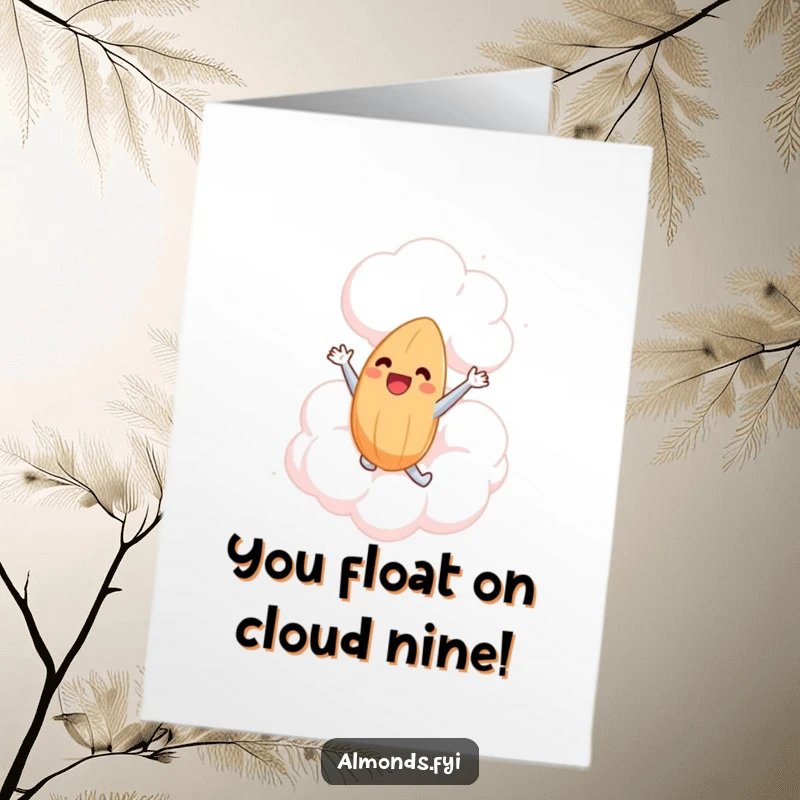Funny Free Printable Congratulations Card: Almond gleefully leaps into a fluffy cloud, celebrating a sweet victory.