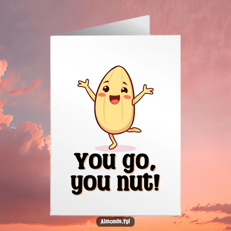 Funny Free Printable Congratulations Card featuring a cheerful almond character performing a cartwheel with extreme glee, celebrating a great success.