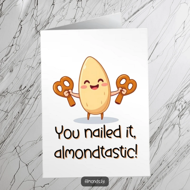 Funny Free Printable Congratulations Card: Cheerful almond character juggling pretzels, celebrating your awesome achievements with humor.