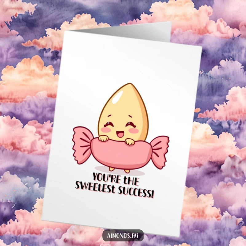 Funny Free Printable Congratulations Card: Giggling almond character peeking from behind a giant candy wrapper, celebrating sweet success.